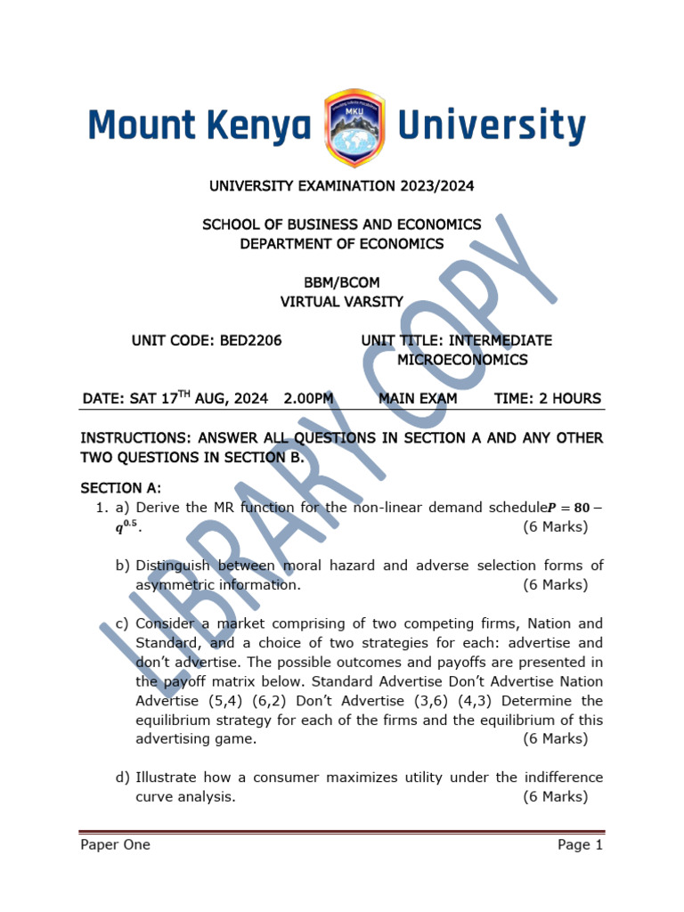 Intermediate Microeconomics Exam 2024 | PDF | Utility | Microeconomics