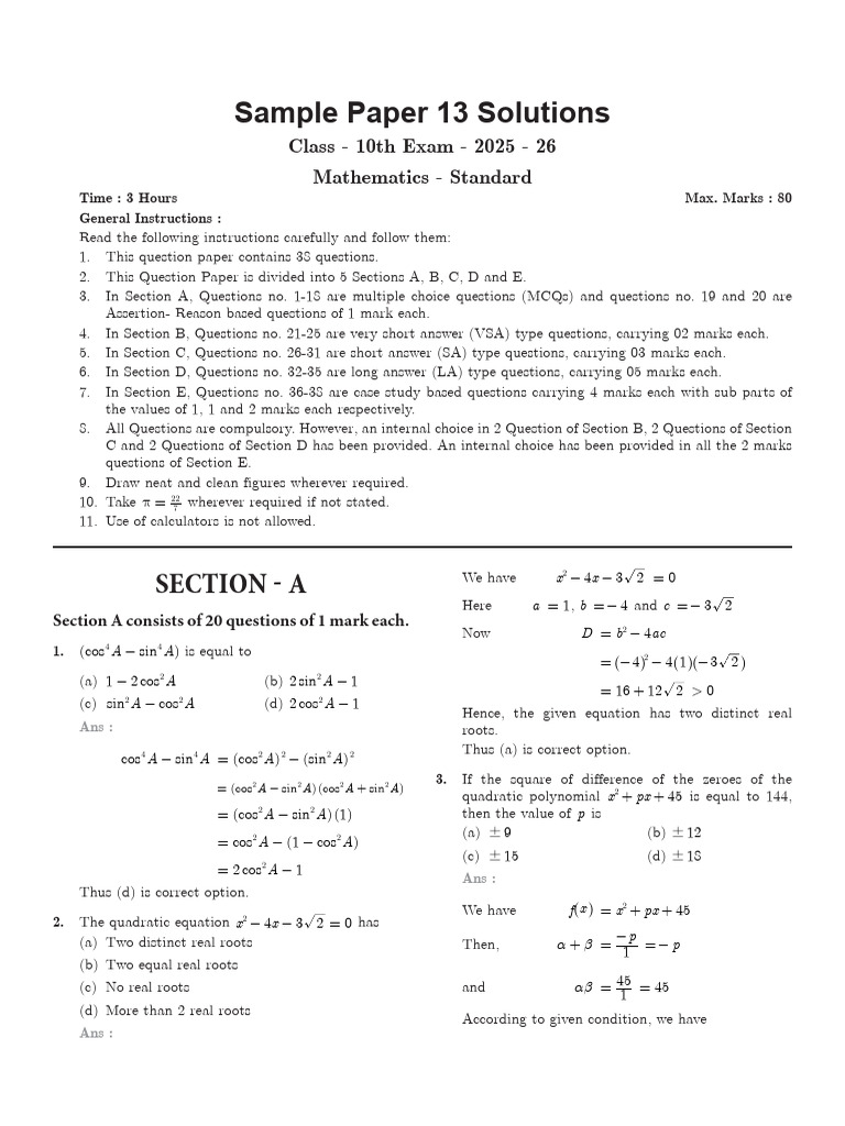 CBSE Class 10 Math Sample Paper 13 Solutions | PDF | Zero Of A Function ...