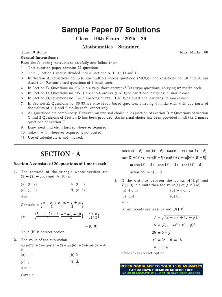 CBSE Class 10 Math Sample Paper 07 Solutions | PDF | Circle | Euclidean ...