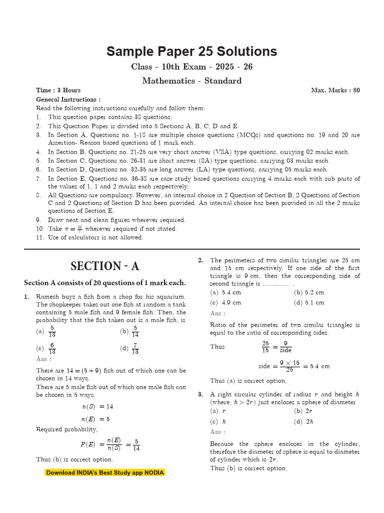 CBSE Class 10 Math Sample Paper Solutions | PDF | Sphere | Euclidean ...