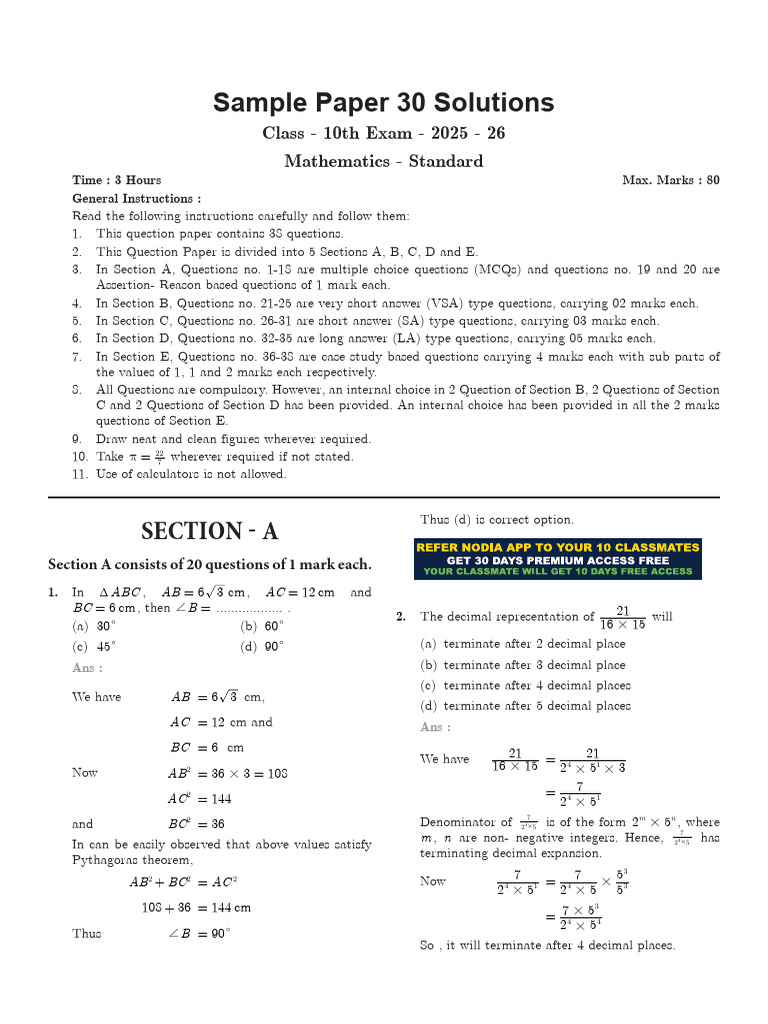 CBSE Class 10 Math Sample Paper Solutions | PDF | Zero Of A Function | Area