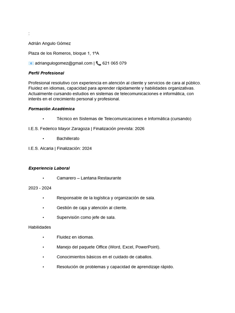 Perfil Profesional de Adrián Angulo Gómez | PDF