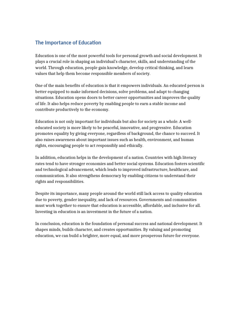 Importance of Education Essay | PDF