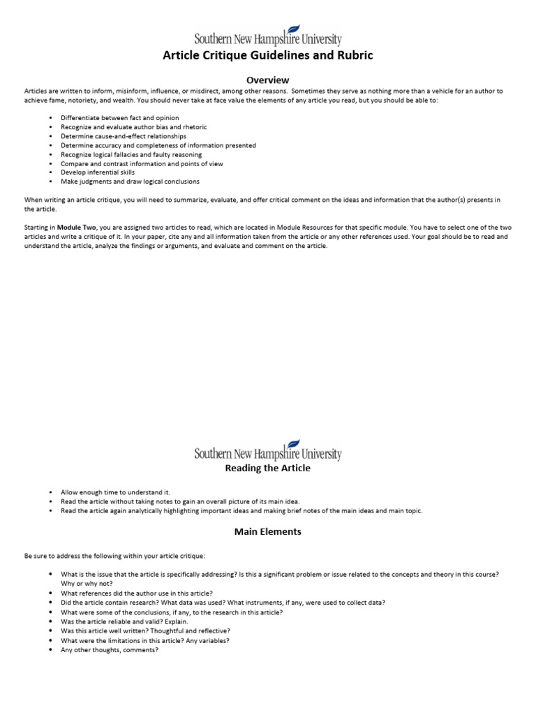 PSY 201 Article Critique Guidelines and Rubric (1) (1) | PDF | Fallacy ...