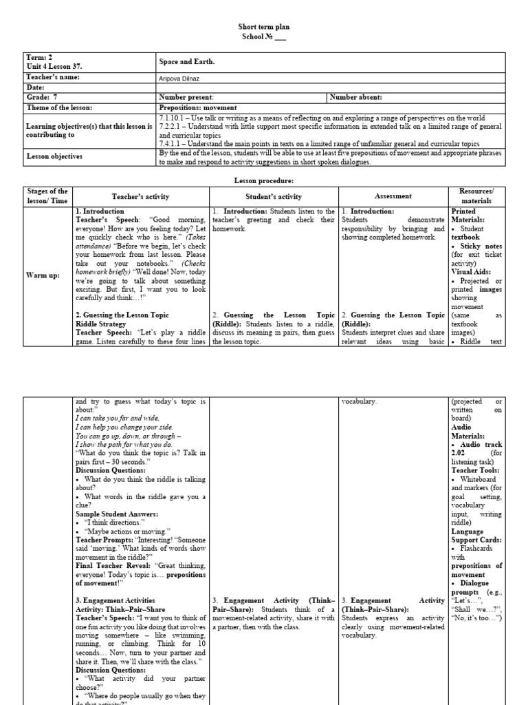 Grade 7 Lesson Plan: Prepositions of Movement | PDF | Verb | Teachers