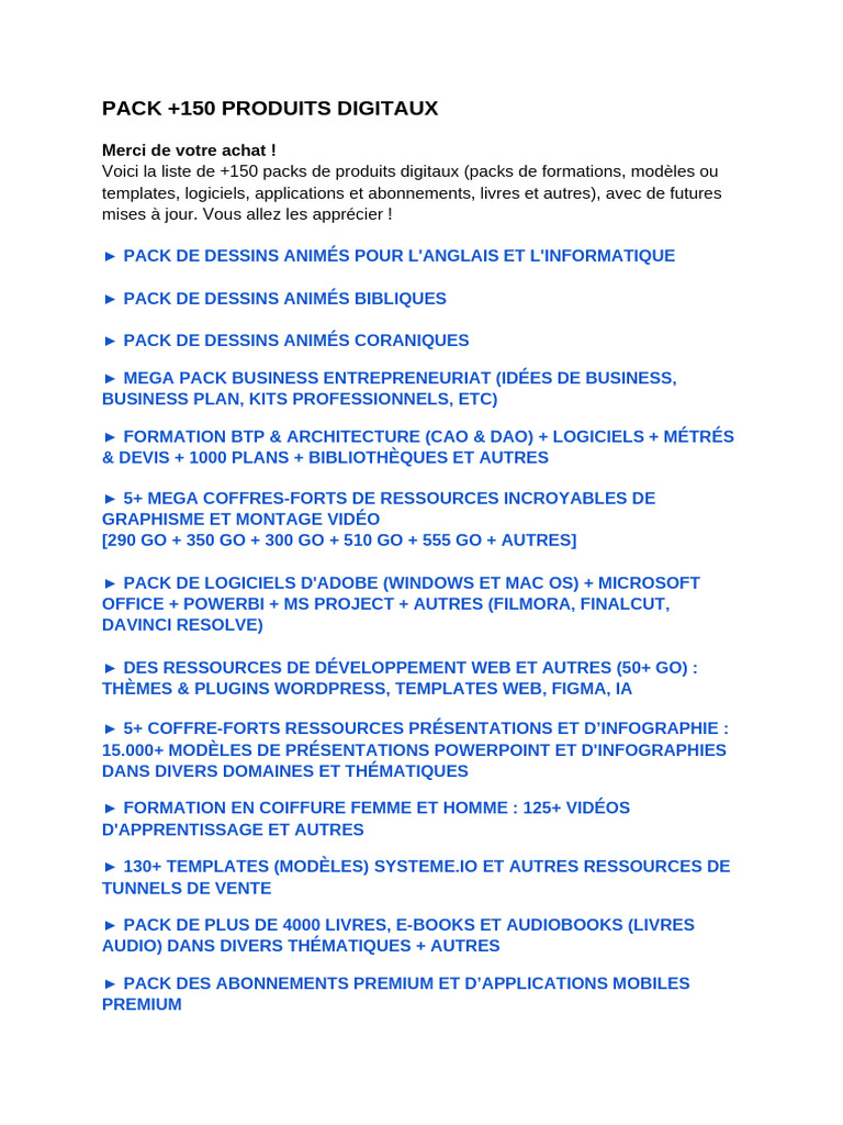 Pack de 150+ Produits Digitaux | PDF | Microsoft Office | Application