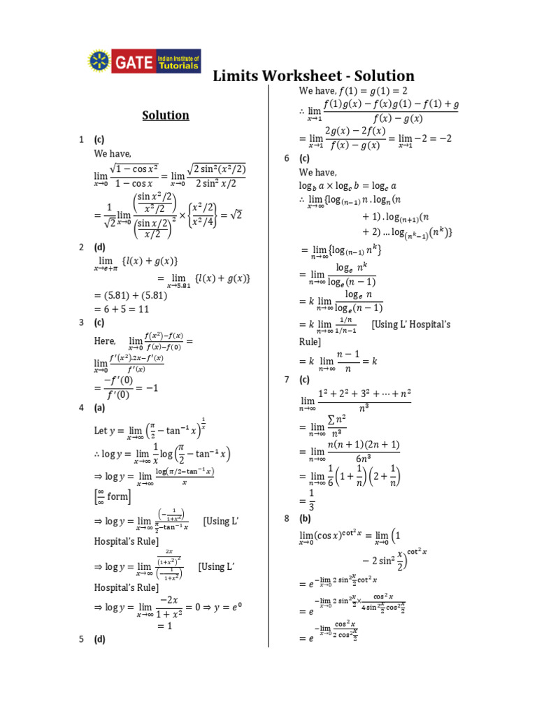 Limits Worksheet Solutions Explained | PDF | Mathematics | Mathematical ...