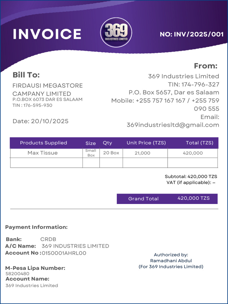 Invoice for Max Tissue Supply - 369 Industries | PDF