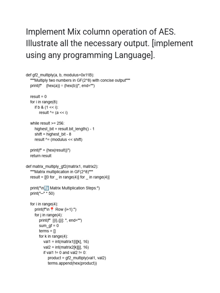 AES MixColumns Operation Implementation | PDF | Matrix (Mathematics ...