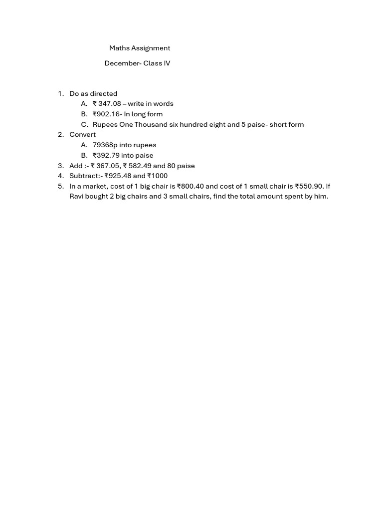 Class IV Maths Assignment on Currency | PDF