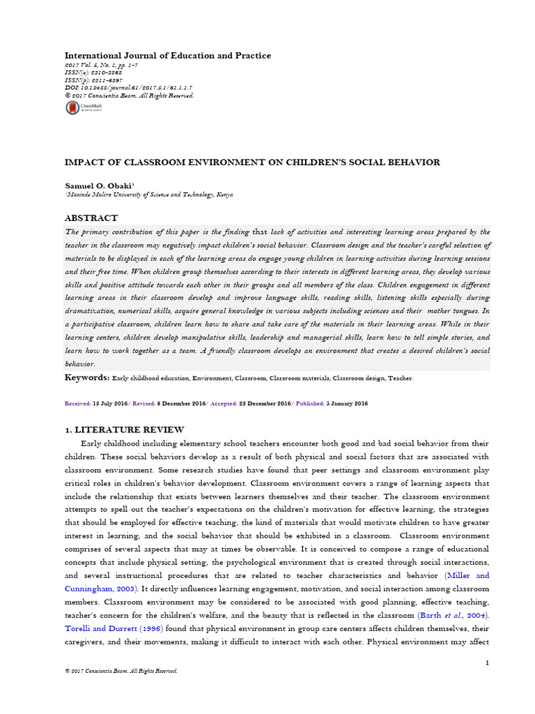 Classroom Environment's Impact on Social Behavior | PDF | Classroom ...