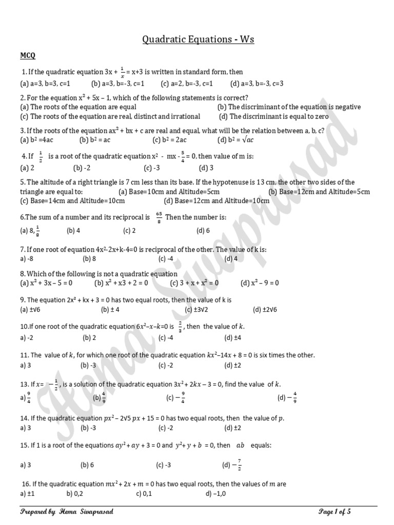 Quadratic Equations MCQ Practice | PDF | Quadratic Equation | Number Theory