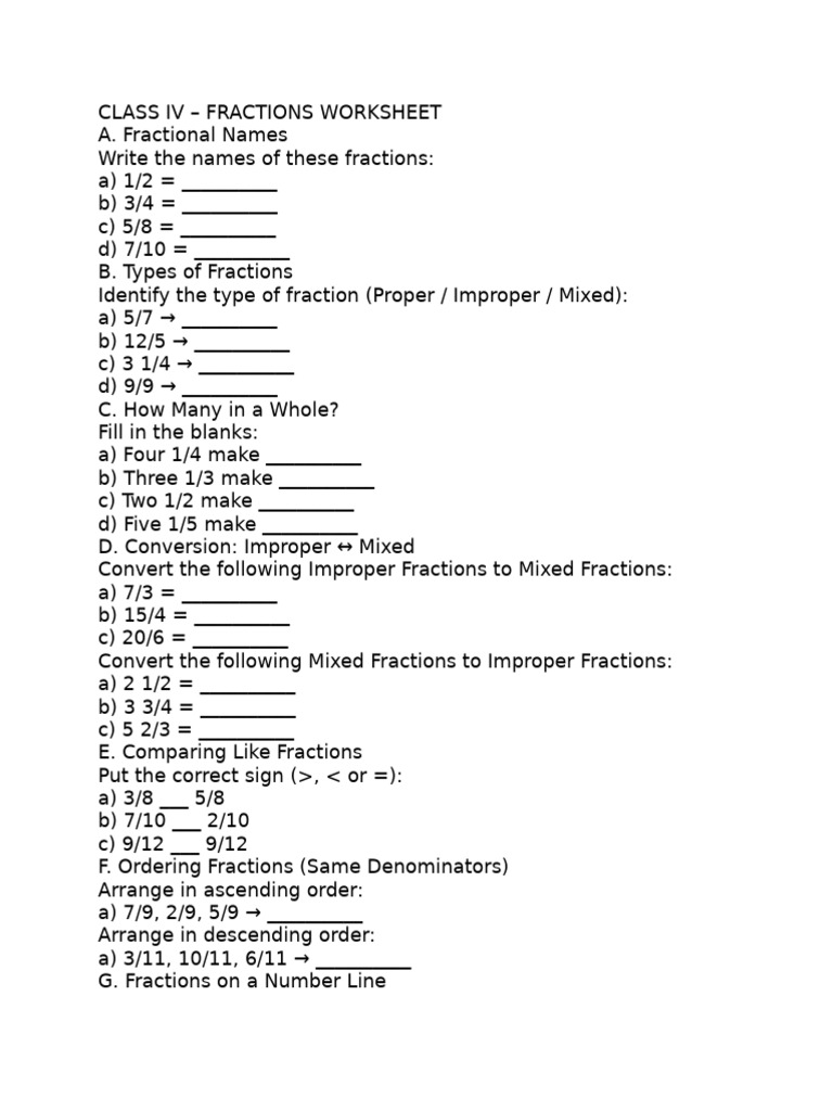 Class IV Fractions Worksheet Guide | PDF