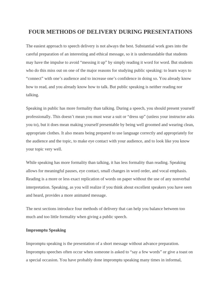 Four Speech Delivery Methods Explained | PDF | Public Speaking ...
