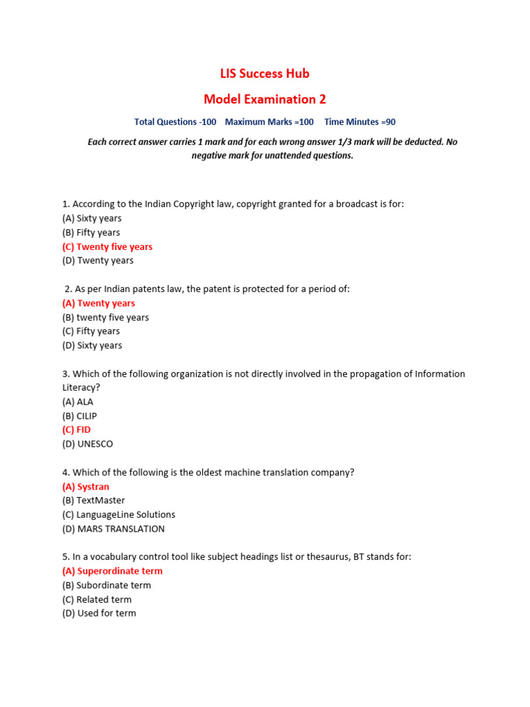LIS Model Exam: 100 Questions Test | PDF | Computer Network