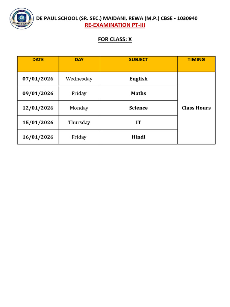 De Paul School Class X Re-Examination Schedule | PDF