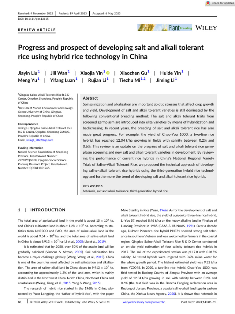 Plant Breeding - 2023 - Liu - Progress and Prospect of Developing Salt ...