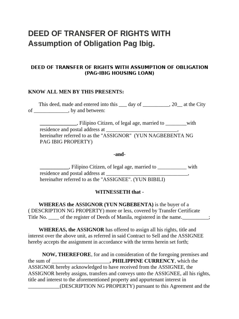 Pag-IBIG Rights Transfer Deed Template | PDF | Assignment (Law) | Deed