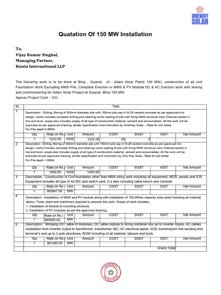 150 MW Solar Plant Installation Quotation | PDF