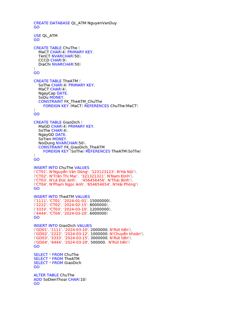 SQL Database Structure for ATM Transactions | PDF