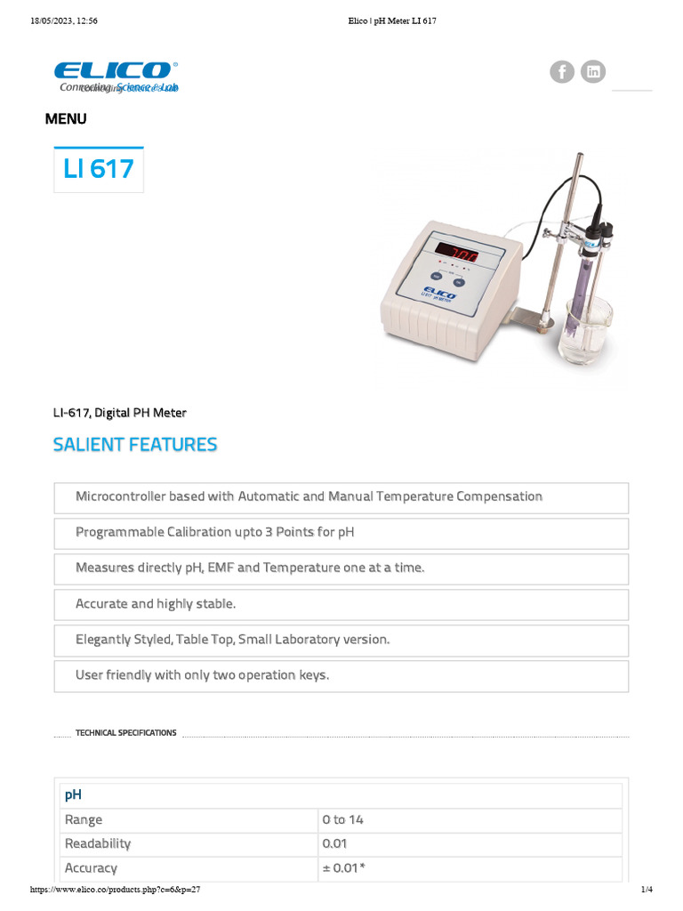 Elico _ pH Meter LI 617 | PDF | Ph | Measuring Instrument
