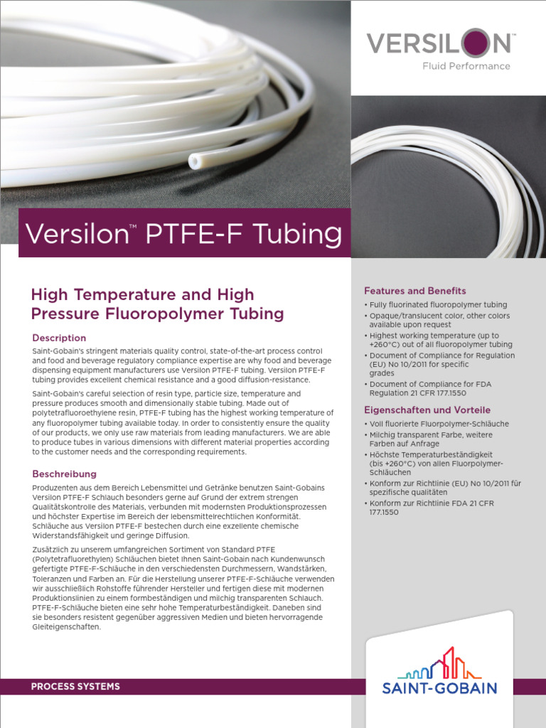 Versilon Ptfe F Tubing High Temperature High Pressure | PDF