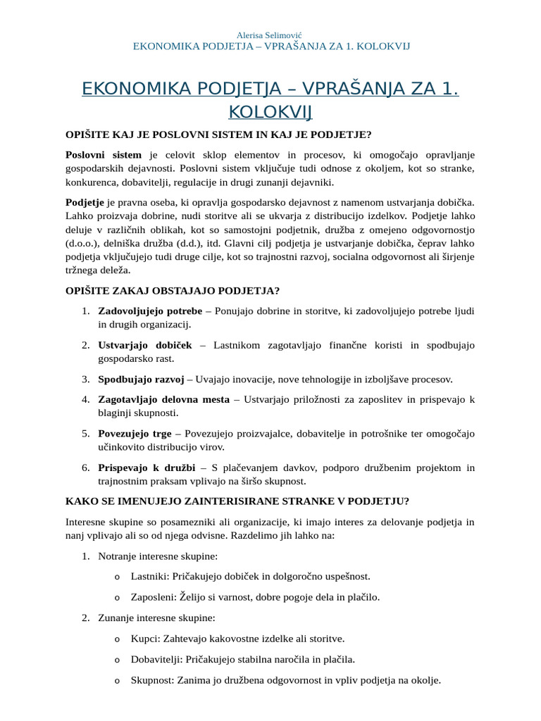Ekonomika Podjetja - Vprašanja Za Kolokvij | PDF