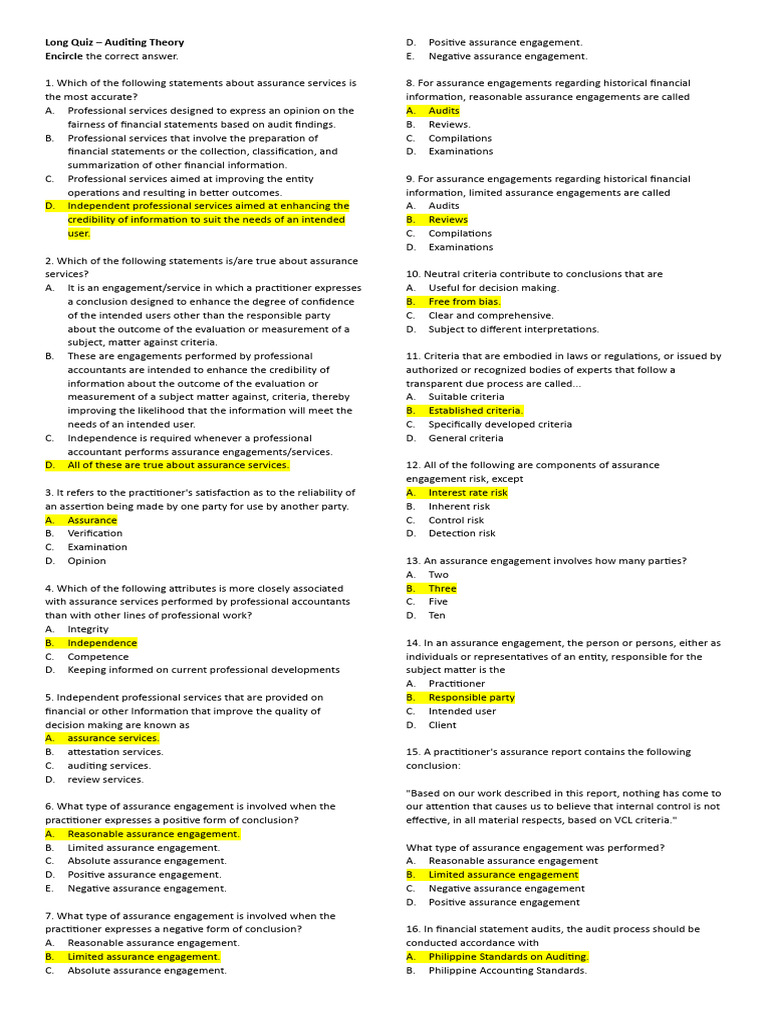 Auditing Theory Quiz: Assurance Services | PDF | Audit | Internal Control