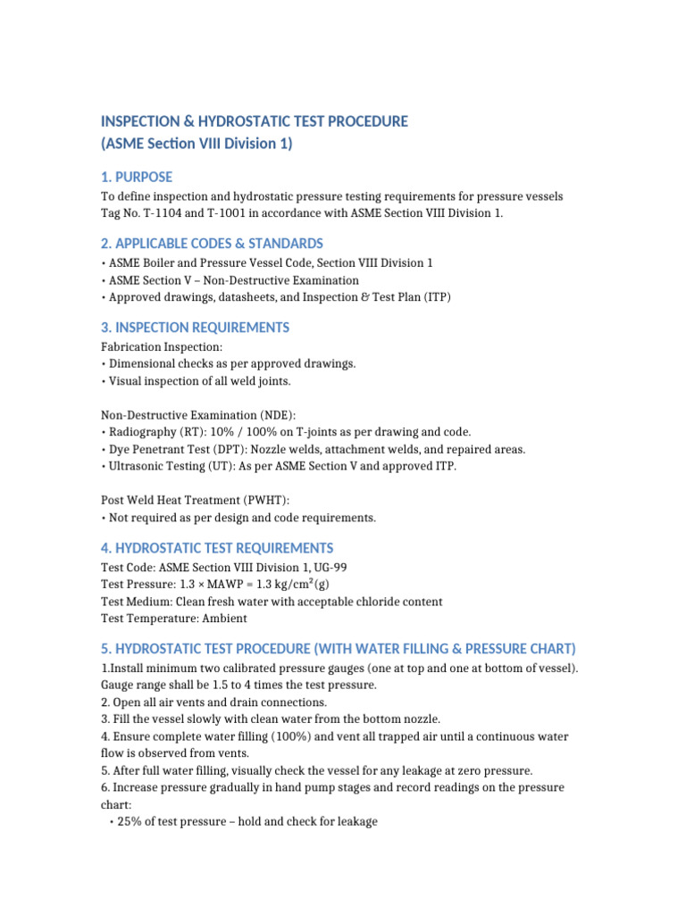 ASME Hydrotest Procedure With Pressure Chart | PDF | Industrial ...