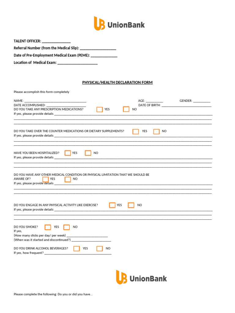 Pre-Employment Medical Exam Form | PDF | Diseases And Disorders ...