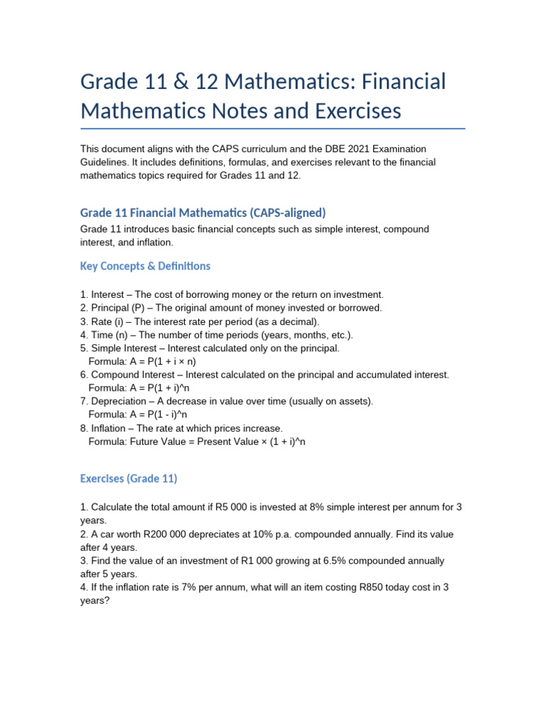 Grade 11-12 Financial Math Notes | PDF | Present Value | Interest