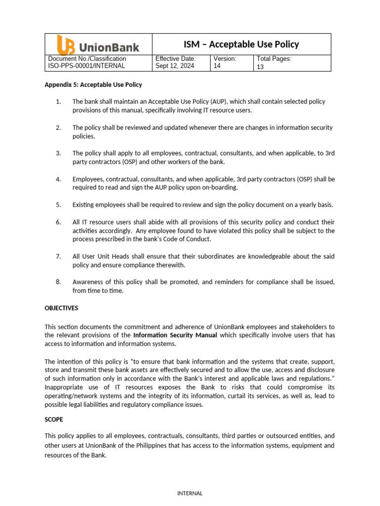UnionBank Acceptable Use Policy Guide | PDF | Computer Security | Security