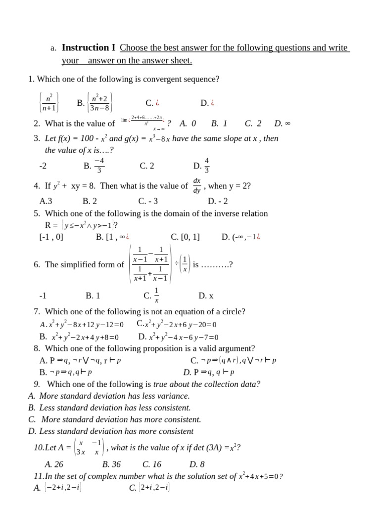 Math Sequence and Function Questions | PDF | Mathematical Relations ...