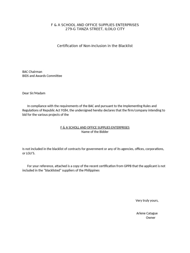 Certification of Non-Blacklist Status | PDF