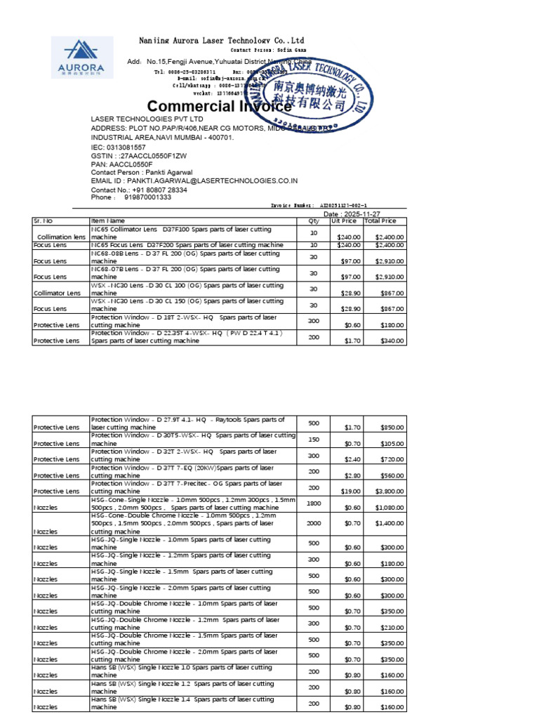 Nanjing Aurora Laser Invoice Details | PDF | Photonics | Laboratory ...