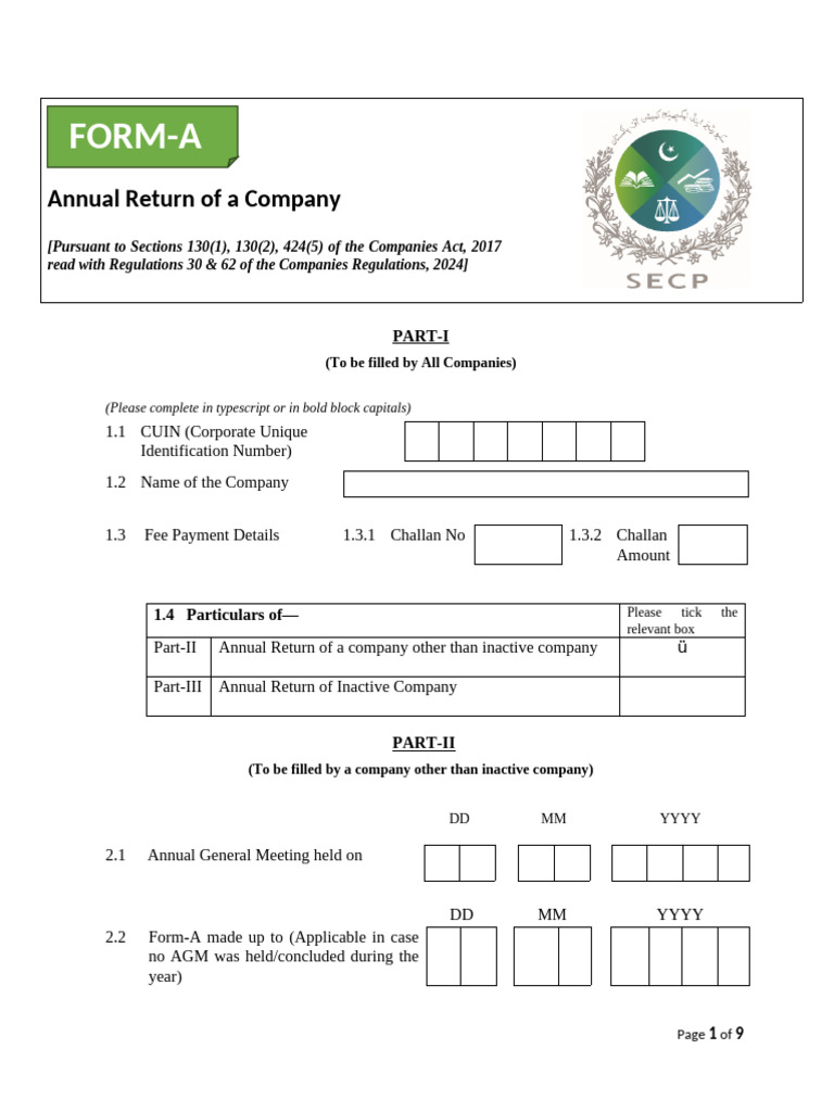 Form-A - Annual Return - Company - SRO 1356 of 2025 | PDF | Passport ...