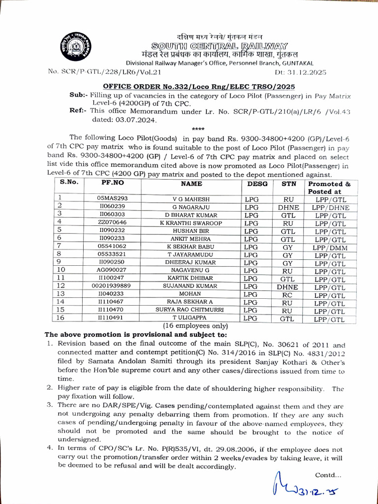 Promotion to the Post of LPG Passenger in Elect TRSO Dept | PDF