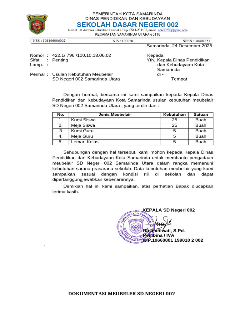 Usulan Meubelair SD Negeri 002 Samarinda | PDF