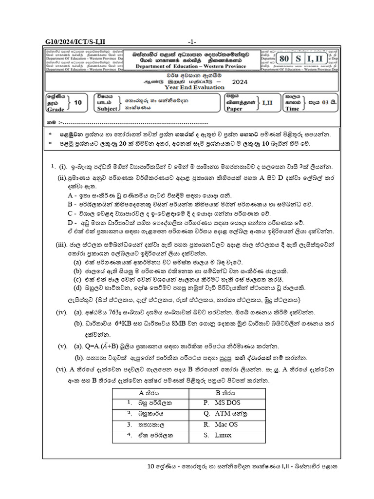 Grade 10 ICT - Western Provine Paper II - 2024 Third Term Sinhala | PDF