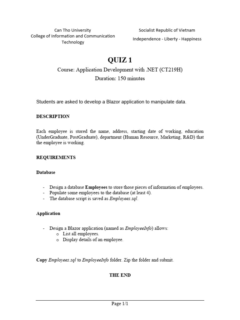Blazor Employee Management Quiz | PDF