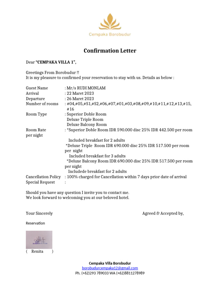 Cempaka Villa Borobudur Reservation Confirmation | PDF