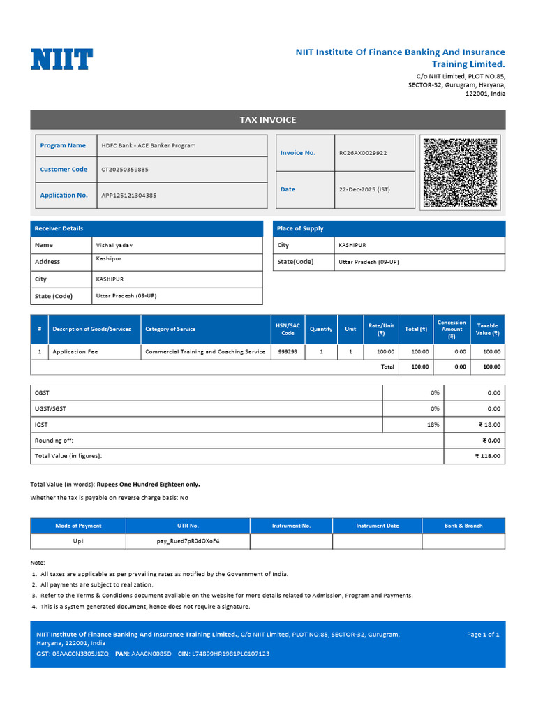 HDFC Bank ACE Banker Program Invoice | PDF | Taxes | Payments