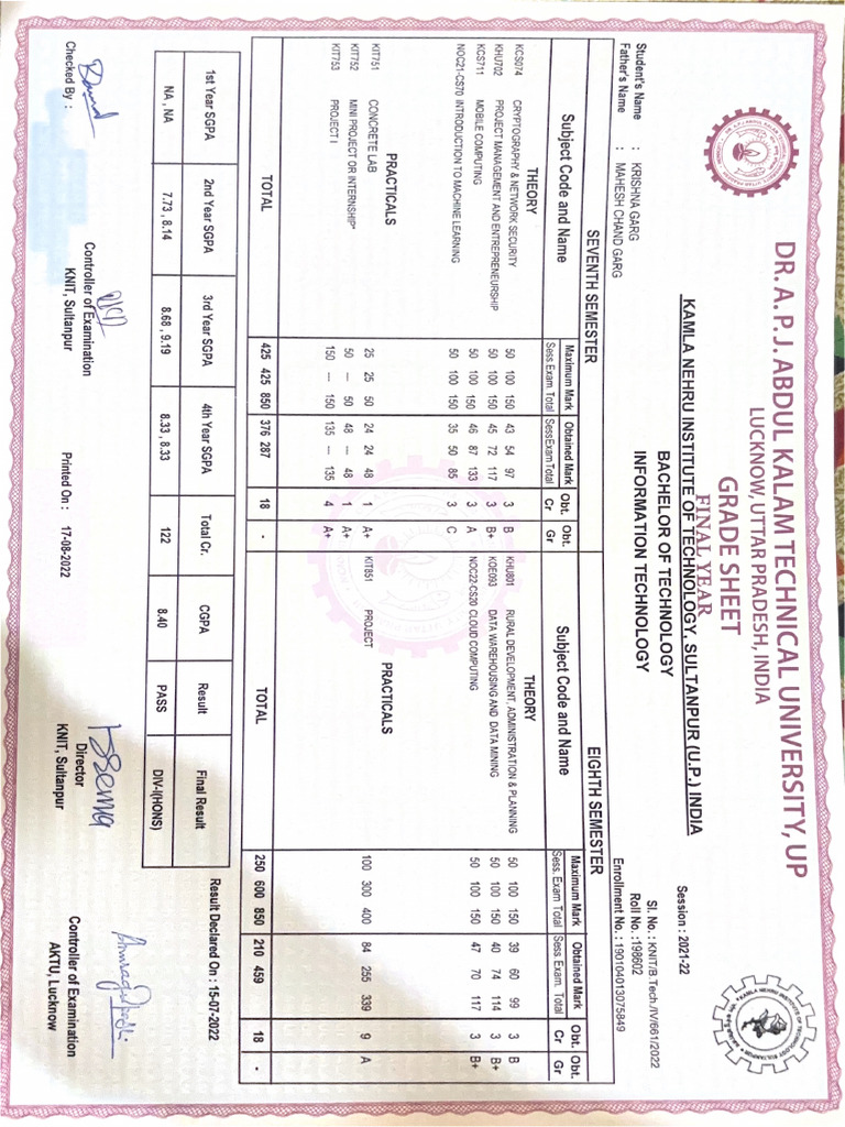 Btech Mark Sheet | PDF