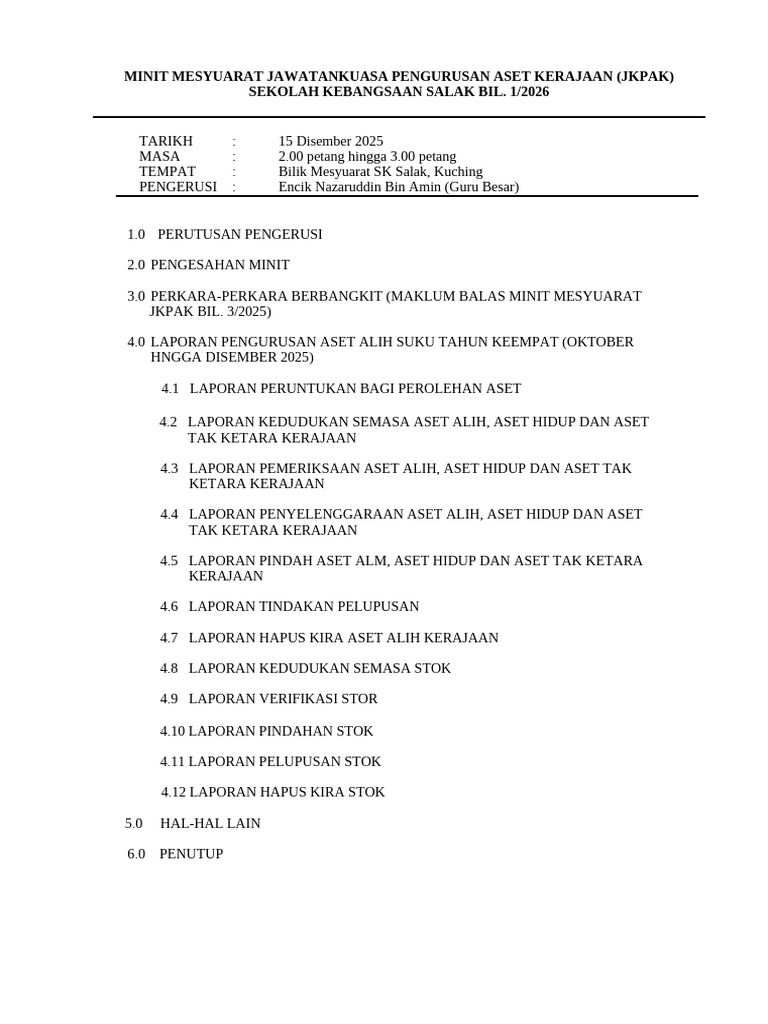 SK Salak Minit Mesyuarat Jkpak Bil 1 (2026) | PDF