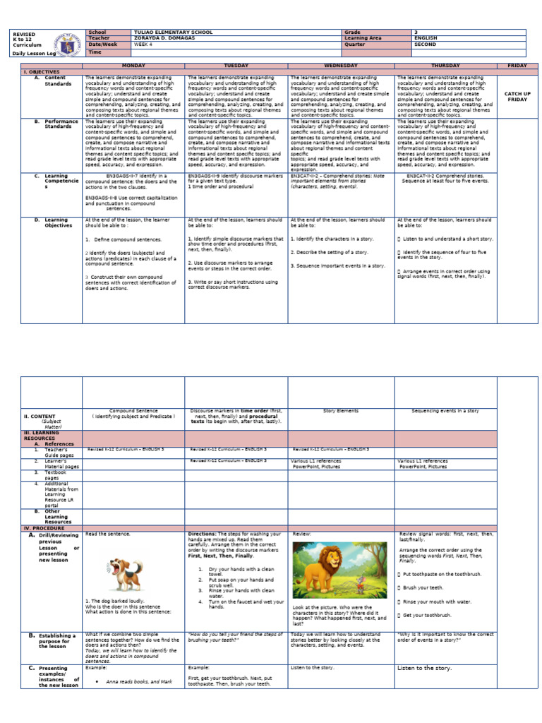 Grade 3 English Lesson Plan: Week 4 | PDF | Sentence (Linguistics ...