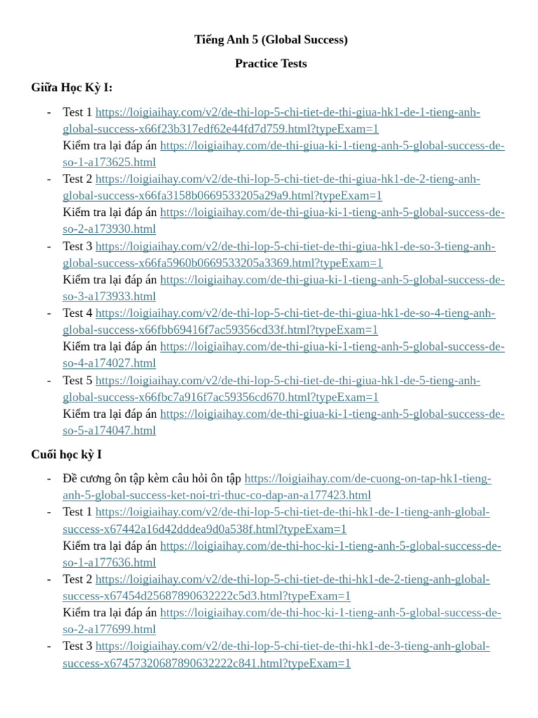 Tiếng Anh 5 Global Success - Practice Test | PDF