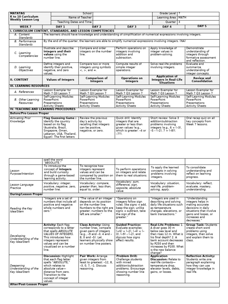 Math 7 Week 7 Lesson on Integers | PDF | Numbers | Integer