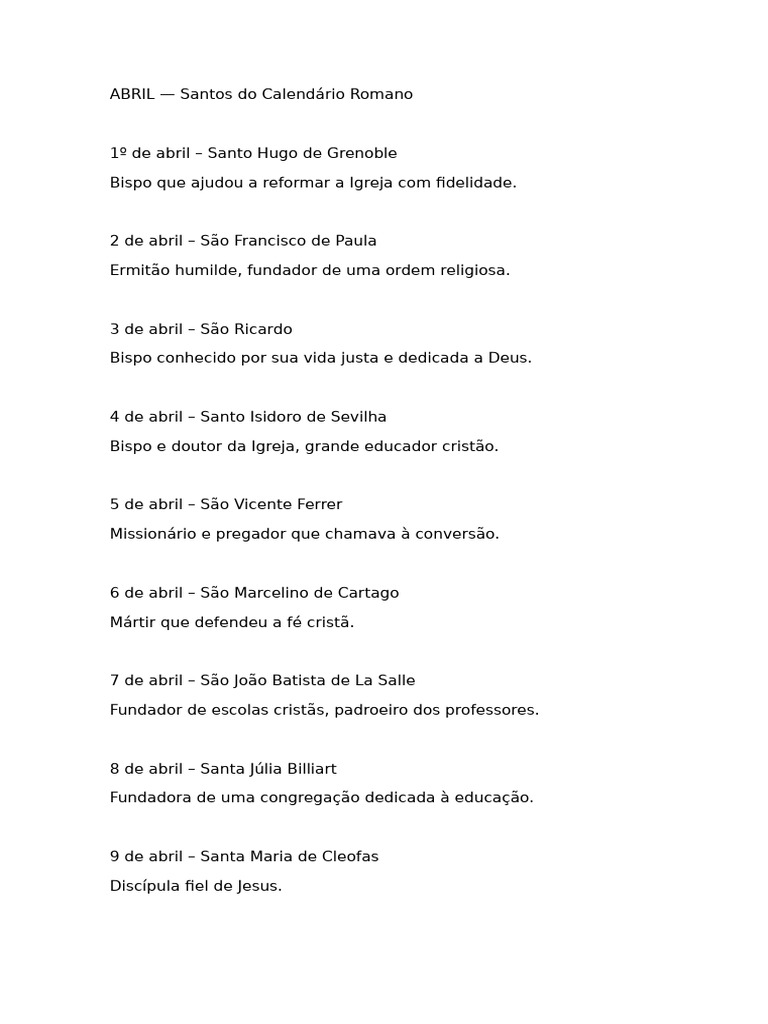 Santos de Abril a Junho: Calendário Romano | PDF | Papa | Maria, mãe de ...