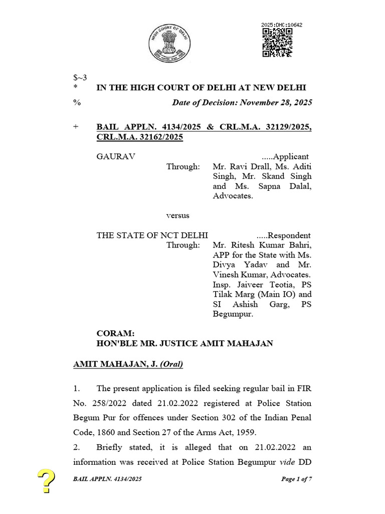 Delhi High Court Bail Application 2025 | PDF | Bail | Crimes