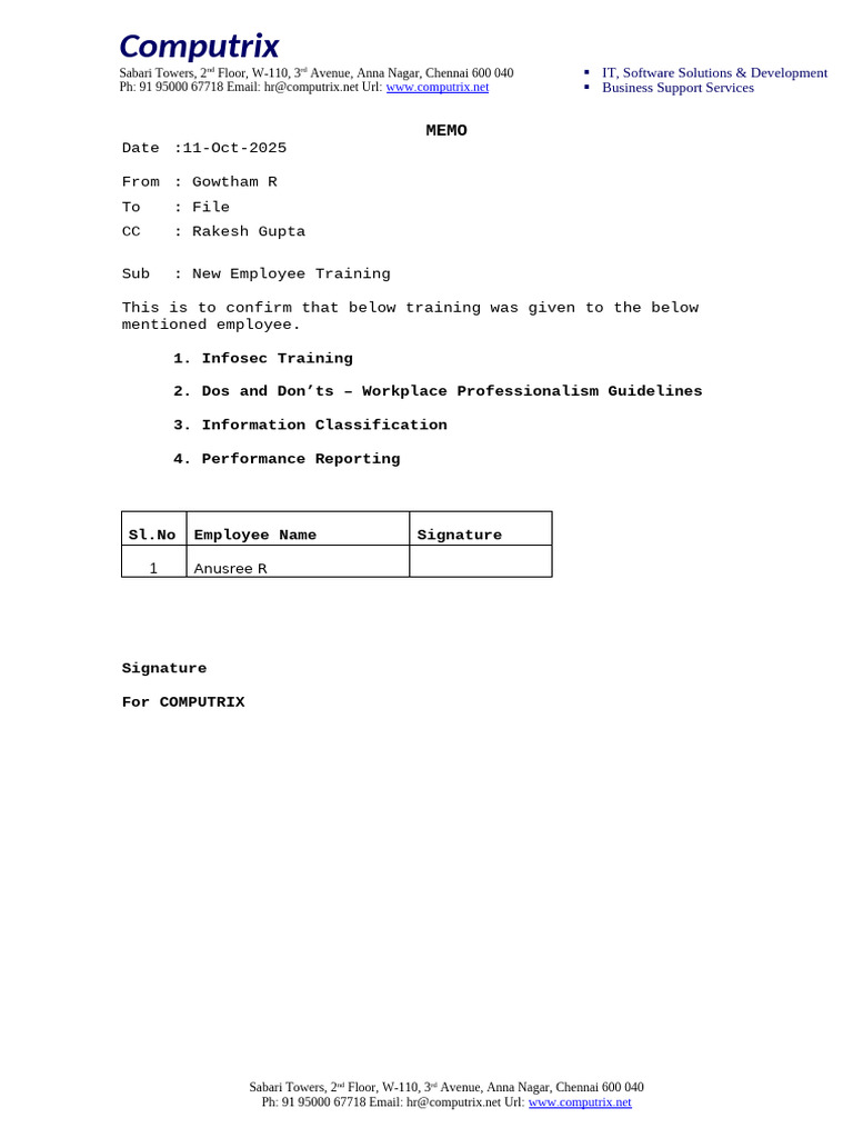 New Employee Training Memo at Computrix | PDF